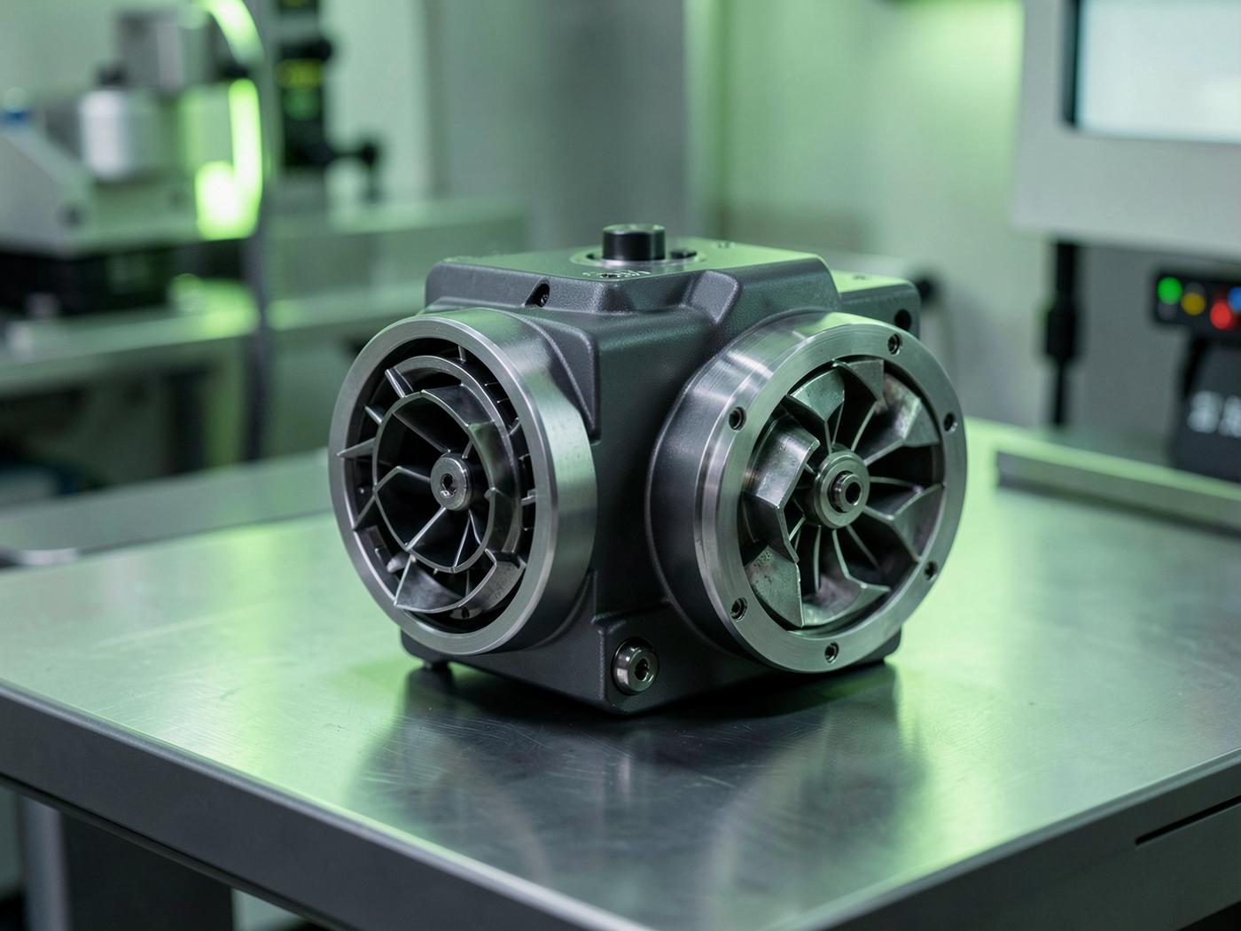 Compact turbine pump assembly on a metal inspection table